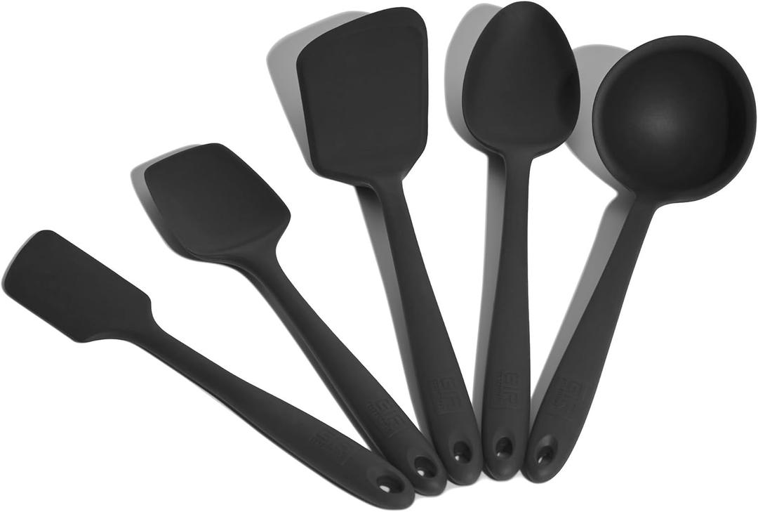 GIR: Get It Right Premium Silicone 5 Piece Utensil Set - Non-Stick Heat Resistant Kitchen Cooking and Serving Utensils - Silicone Spatula, Flip/Turner, and Spoonula - Black (GIRBDLE5UP111BLK)