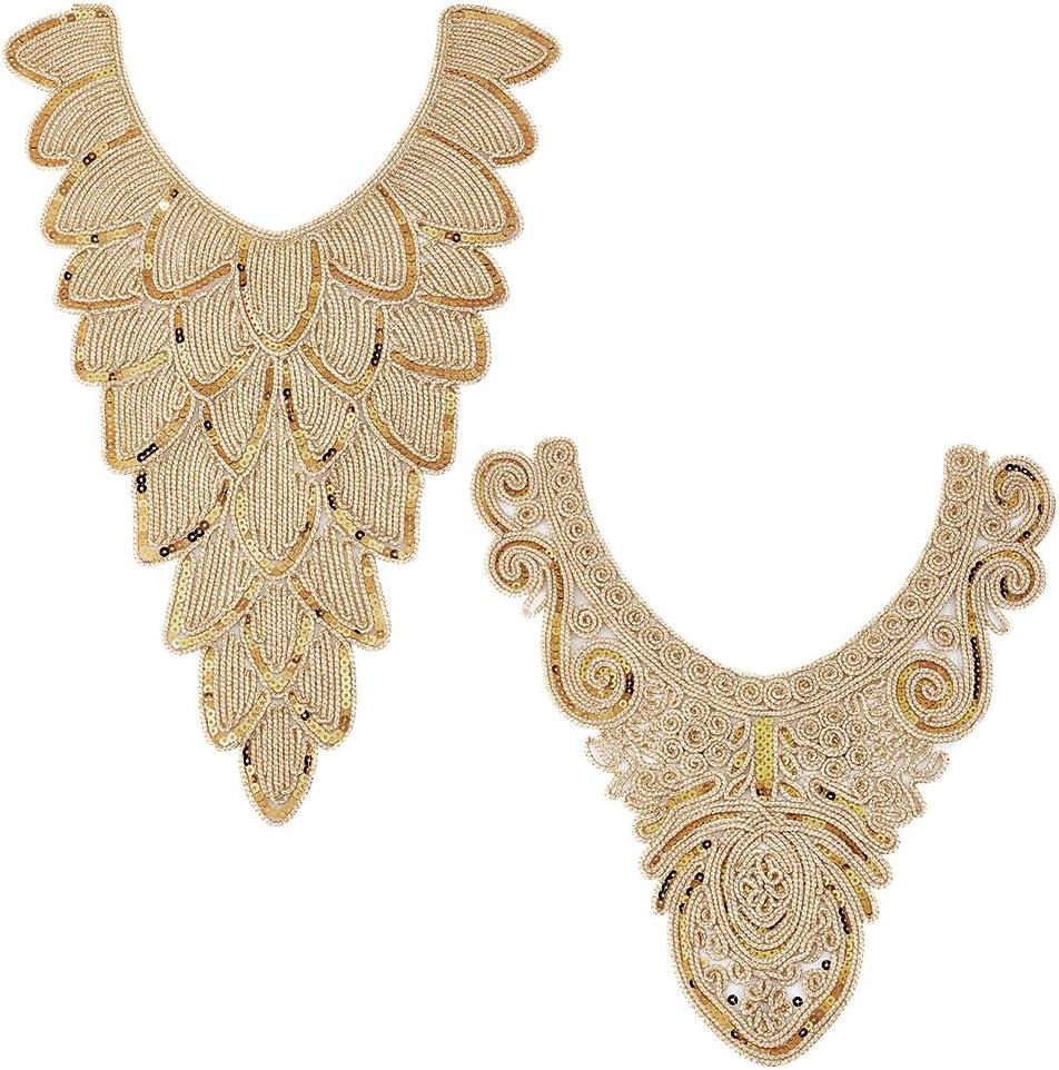 FINGERINSPIRE 2 pcs Gold Collar Applique 2 Style Sequin Floral Embroidered Applique Trim V-Neck Ethnic Style Collar Sew on Patches Neckline Collar Sewing Accessories for DIY Wedding Dress, Cloth