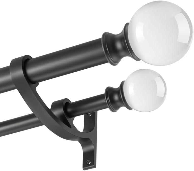 Double Curtain Rods 144-164 Inches with Clear Round Finials, Telescoping Drapery Rods Heavy Duty 1 Inch Front and 5/8 Inch Diameter Back Double Window Treatment Rod, Matte Black