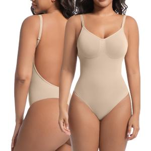 Backless Thong Shapewear for Women with Tummy Control, Seamless Sculpting Bodysuit for Workouts and Daily Wear (Large-X-Large, Apricot)
