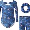 RONGTAI Gymnastics Leotards for Girls Long Sleeve Unitards Biketards with Shorts Matching Hair Scrunchie Outfits 3-12 Years (6-7 Years, Butterfly)
