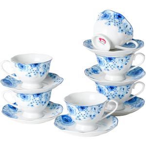 Porcelain Tea Cup and Saucer Set of 6 (12-Piece) - 6oz Cups with Classic Blue Floral Pattern for Tea Party, Dishwasher & Microwave Safe