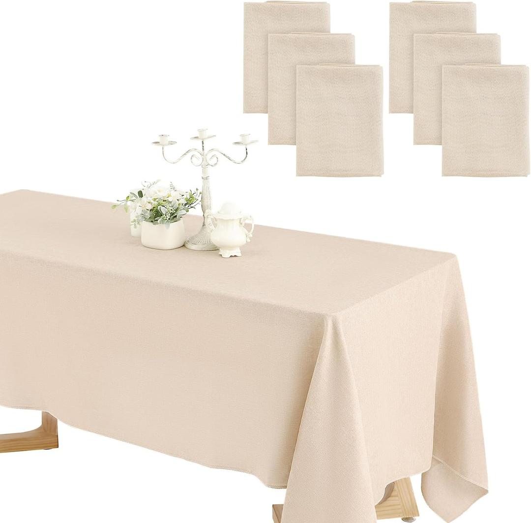 Preboun Wedding Rectangle Linen Tablecloth Bulk 60 x 102 Inch Polyester Faux Linen Tablecloths Washable Burlap Tablecloth for Birthday Farmhouse Dining Table Party (Beige,6 Pack)