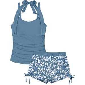 Girls Swimsuit 2 Piece Halterneck Girls Tankini Swimsuit Drawstring Printed Swim Shorts Girl Bathing Suit for 7-16T (11-12 Years, Grey Blue-1)