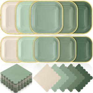 Zhehao 150 Piece Sage Green Plates and Napkins for 50 Guests, Includes Each of 7" and 9" Gradient Green Square Paper Plates, Scalloped Napkins for Baby Showers, Weddings, Birthday Party Decorations