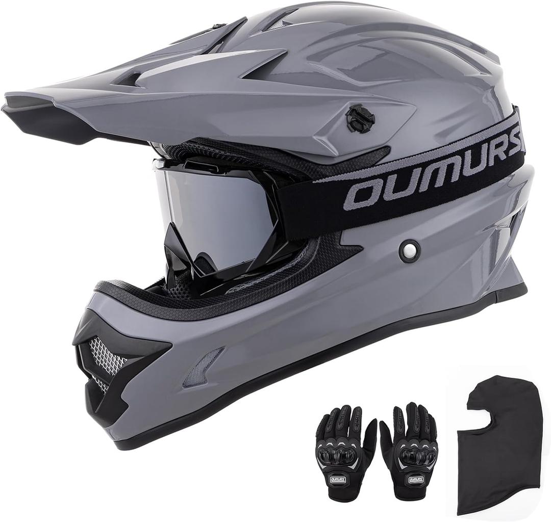 OUMURS Adult ATV Dirt Bike Helmet with Goggles Gloves & Mask Adjustable Sun Visor Motorcycle Adult Helmet Off-Road Motocross Downhill Moped MX for Unisex-Adult-Gray, XXL