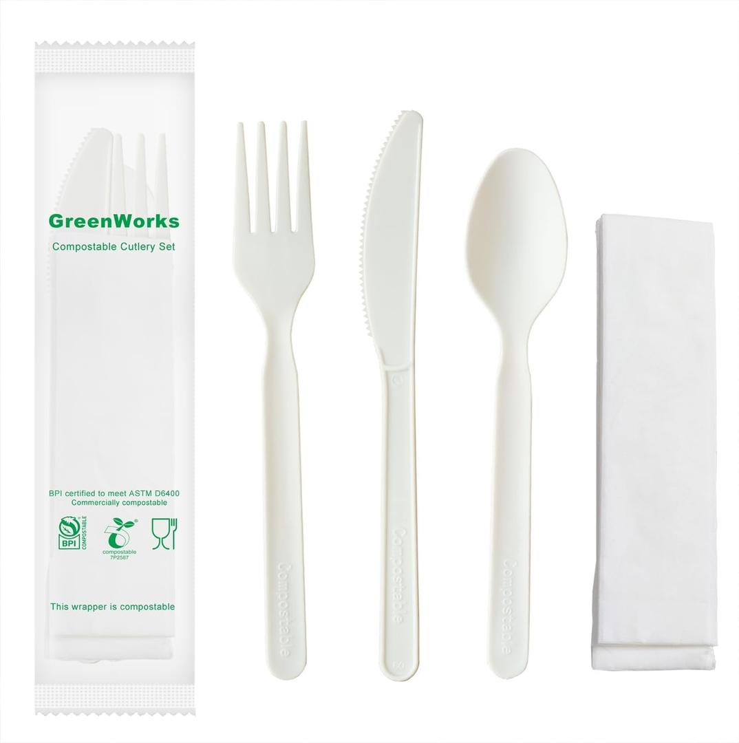 GreenWorks 7" Heavy-duty Compostable Cutlery Kits, BPI Certified, 200 Sets (Fork, Spoon,Knife,Napkin 4 in 1) Individually Wrapped With Compostable BagsAlternative to Plastic Disposable Utensils