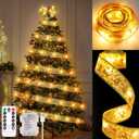 32Ft 100 LED Christmas Tree Copper Wire Ribbon Bows Lights with 8 Lighting Modes, Battery Operated & USB Powered Fairy String Lights with Timer for Xmas Tree Decor (Warm White)