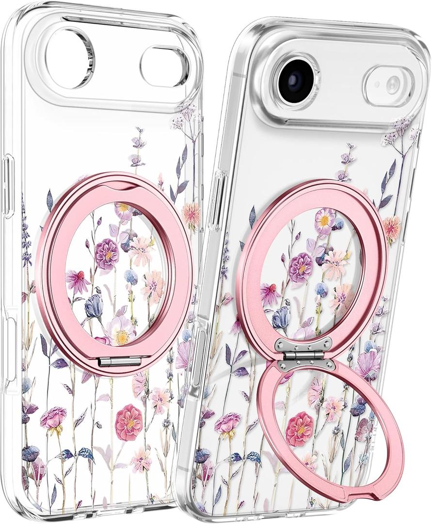 Loheckle for iPhone 17 Air Case with Stand- Compatible with MagSafe Women Girls Cute Clear Aesthetic Unique Design Soft TPU Magnetic Ring Phone Cover for Apple 17 Air, Purple Flower