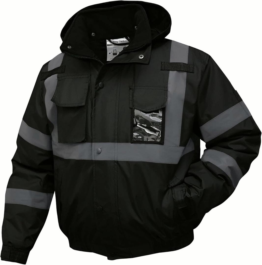 SKSAFETY High Visibility Reflective Jackets for Men, Waterproof Safety Jacket for Men with Pockets, Black Work Construction Coats for Winter Cold Weather,4XL, 1 Pack (4X-Large, Black)