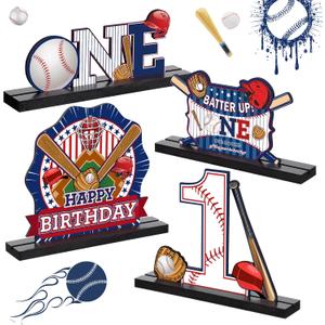Riyiper 4 Pcs Baseball 1st Birthday Table Decorations One Letter Sign Baseball Wooden Table Centerpiece Rookie of The Year First Centerpiece for Boys One Year Old Birthday Baby Shower Photo Props