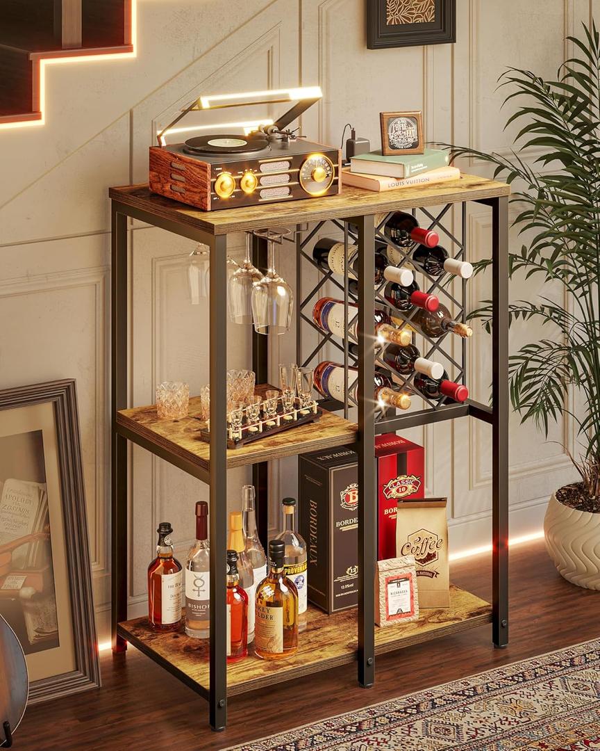 TIQLAB 3-Tier Wine Rack Cabinet, Modern Liquor & Coffee Bar Cart with Shelves, Glass Holder and Power Socket, Bar Table for Kitchen, Dining Room