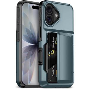 for iPhone 17 Case with Card Holder [Max 3-5 Cards] Heavy Duty Protective Shockproof Cases Dual Layer Hard PC Soft TPU Bumper Hidden Card Slot Wallet Case Cover for iPhone 17-Blue