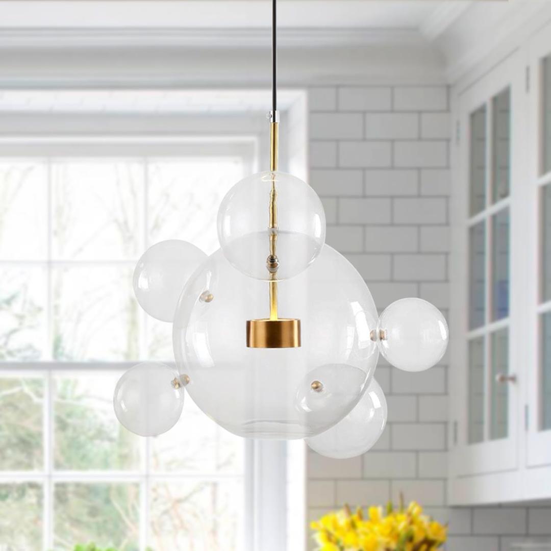 KCO Lighting Modern Globe Bubble Chandelier 6-Light Clear Glass Ball Sputnik Chandelier Pendant Light Mid Century Gold Kitchen Island Pendant Lighting Adjustable Pendant Light (Clear-B)