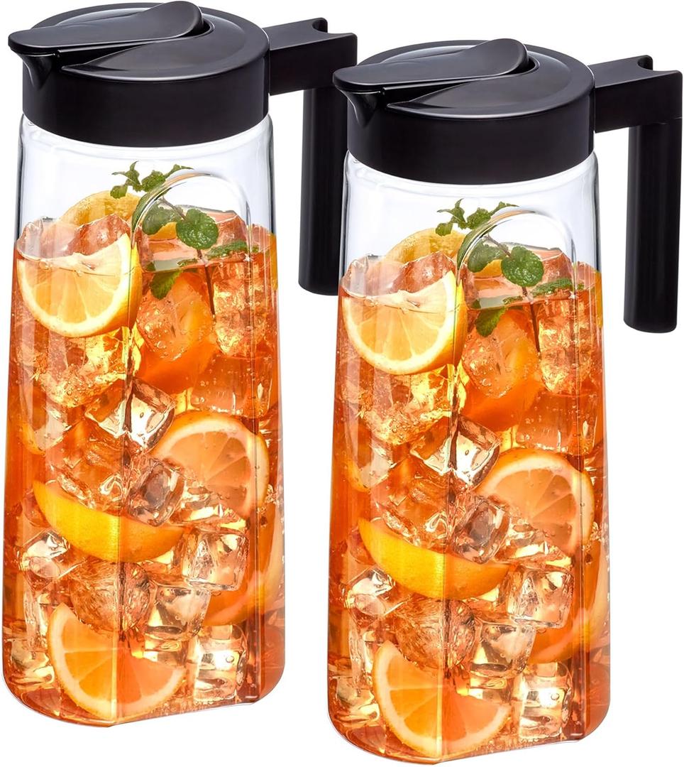 Amazing Abby - Slim - 2-Pack Tritan Pitcher (64 oz), Unbreakable Plastic Water Pitcher with Lid, BPA-Free, Heat-Resistant, Dishwasher-Safe, Great for Both Iced and Hot Drinks, Black