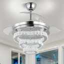 FRIXCHUR 42 Modern Crystal Chandelier Ceiling Fan LED Dimmable Fandelier with Lights and Remote, 6-Speed DIY Flush Mount Ceiling Fans Light Fixture for Living Room Bedroom (Chrome)