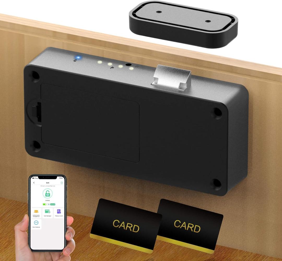 Anweller Smart Cabinet Lock, Hidden No Drill Adhesive Baby Proofing Child Proof Drawer Locks, Keyless RFID Bluetooth Cabinet Locks for Adults File Kitchen Cupboard Closet Liquor  Black