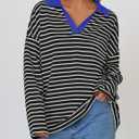 ZESICA Womens Striped Long Sleeve Tops Oversized Sweatshirt V Neck Loose Fit Tunic Tops Spring Casual Blouses (Black, S)