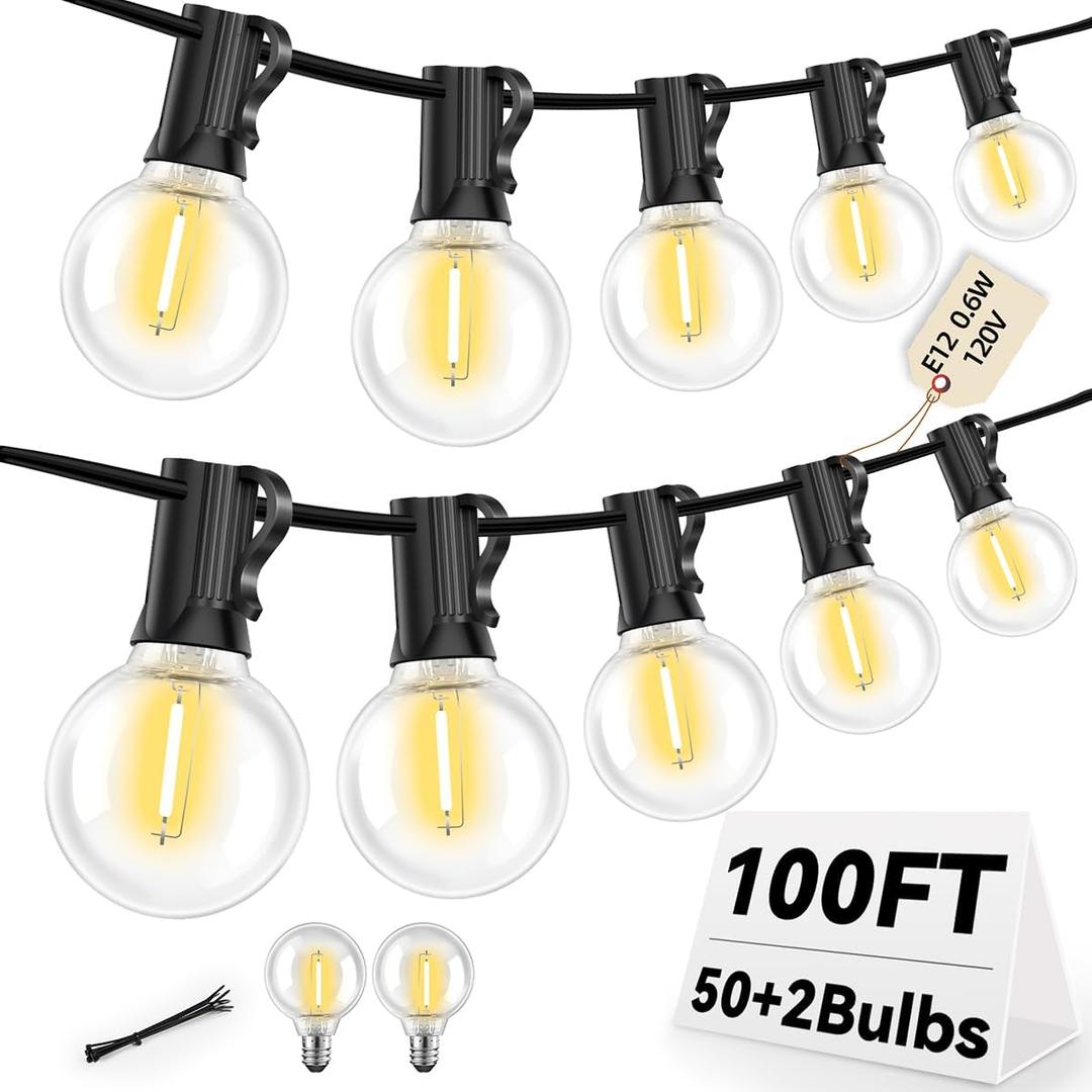 100FT G40 LED Outdoor String Lights with 50 Shatterproof Bulbs + 2 Spares, E12 Socket, 2700K Warm White, Weatherproof Black Cable, for Patio, Backyard, Wedding, Party, Porch, Deck, Gazebo, Camping