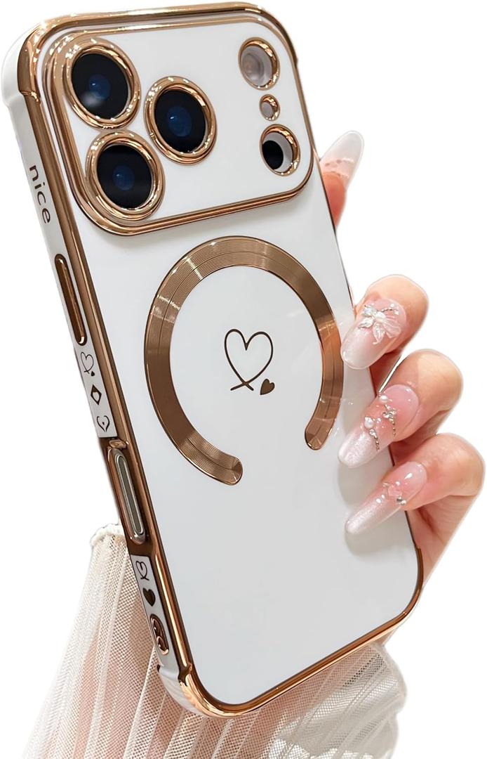 ZTOFERA Magnetic Case for iPhone 17 Pro Case[Compatible with MagSafe] Cute Plating Love Hearts Pattern with Camera Protection,Soft Shockproof TPU Bumper Cover for Women Girls,White