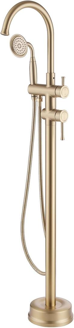 Brushed Gold Freestanding Tub Faucet, 360° Swivel Floor Mounted Bathtub Filler with High-Pressure Handheld Spray, Solid Brass Vintage Telephone Shower Combo for Clawfoot Soaking Tubs, flexible 59-inch (150cm) stainless steel hose