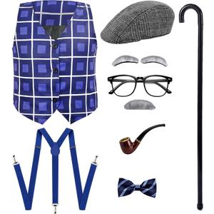 Yi-gog Old Man Costume Grandpa Old Person Outfit Suit Vests Old Man Set (8-10Y, Blue)