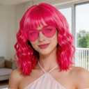 Hot Pink Wavy Curly Bob Wig with Bangs Heart Glasses for Women, 14 Inch Colored Neon Fun Party Hair Replacement Curly Synthetic Wigs for Cosplay Halloween Costume Bachelor Party Music Festival