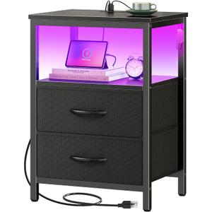 Huuger Night Stand with Charger Station and LED Lights, 2 Drawer Nightstand, Bed Side Table with Open Shelf, End Table, Fabric Dresser for Bedroom, Black