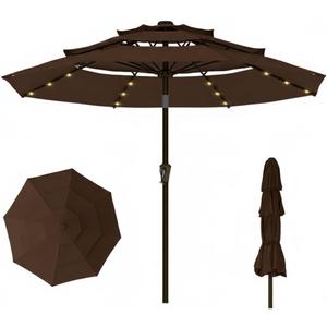 10FT Patio Umbrella 3 Tiers with LED Light Outdoor Market Umbrella w/Push Button Tilt, Crank, UV and Waterproof Table Umbrella for Garden, Pool, Backyard, Deck, Lawn, Brown