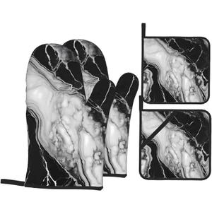 Perinsto Black and White Marble Oven Mitts & Pot Holders 4 Pcs Set, Decorative Heat Resistant Cooking Gloves Microwave Oven Gloves for Kitchen Baking Grilling BBQ