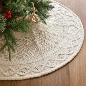 36 inch Christmas Tree Skirt: Pencil Tree Skirt for 6ft Tree, Diamond Edge Knit Cream White Small Tree Skirt, Vintage Tree Skirts, Rustic Farmhouse Christmas Decorations