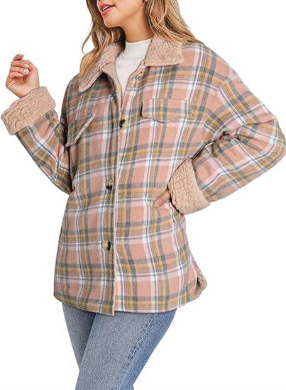 Dokotoo Winter Coats for Women Button Down Plaid Flannel Shirts Warm Sherpa Fleece Jacket, Size: Small