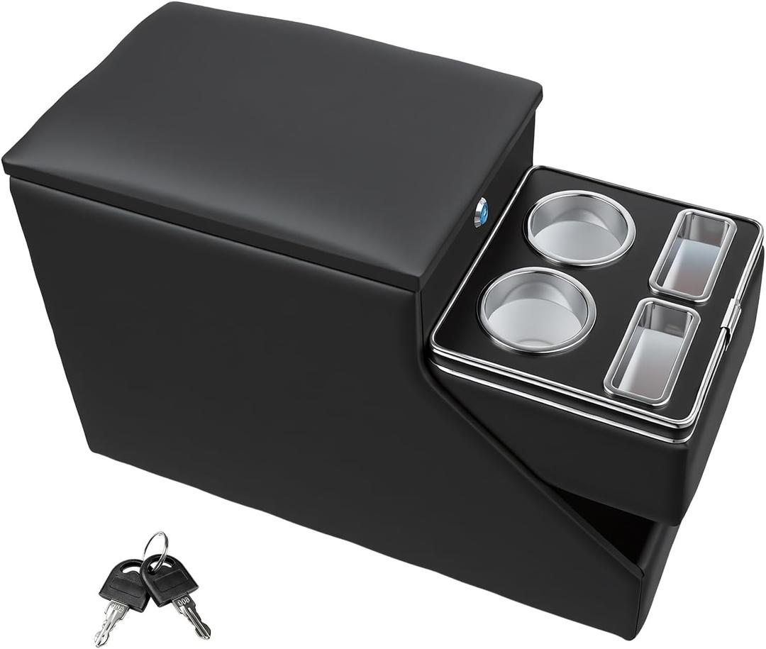 Vehicle Center Console Organizer - Floor-Mounted Lockable Storage with Dual Cup Holders, Fits Minivans, SUVs & Van Middle Seats 10.24 inch Wide