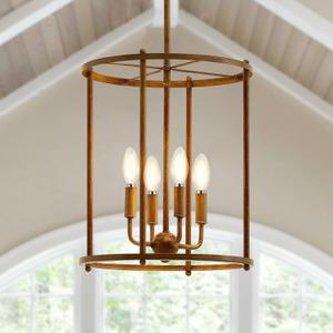 4 Light Chandelier,Farmhouse Ceiling Light Wood Grain Lantern Light Fixtures with Metal Cage Adjustable Height Rustic Hanging Light E12 Base for Kitchen Island, Dining Room, Living Room,Entryway