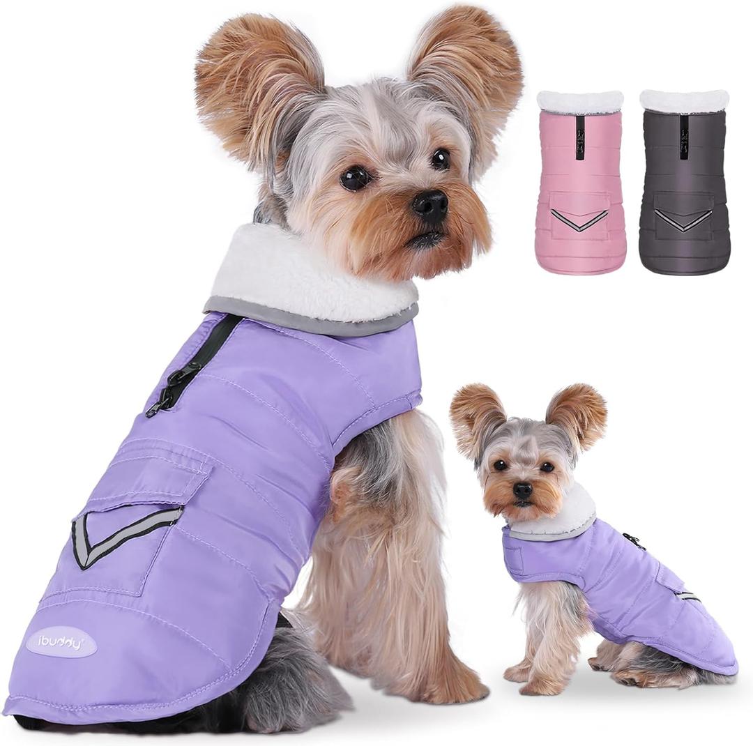 iBuddy Dog Winter Coat for Extra Small Dogs, Easy on XS Dog Snow Jacket Velcro Waterproof Pet Puffer Clothes with Harness Hole Adjustable Reflective Quilted Dog Cold Weather Vest for Girl 8-12 Pounds (Purple)
