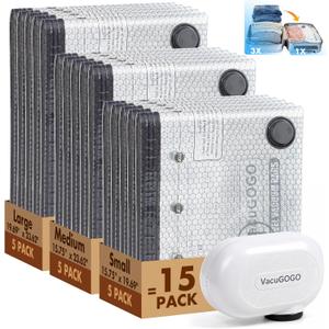 Travel Vacuum Storage Bags with Pump, Carry-on Luggage Compression Bags + Portable Electric Pump, 80% Space Saver for Clothes, Vacuum Seal Bags for Clothing Packing Travel, Pack of 15