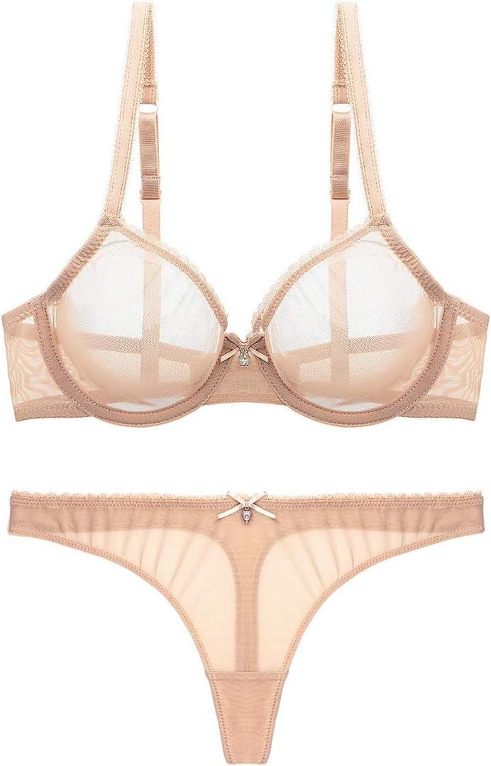 Varsbaby Women's See Through Sheer Mesh Unlined Underwire Everyday Bra and Panties(D303TS-Beige-34E+N082TS