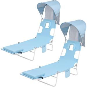 Backpack Beach Tanning Chair with Canopy Sun Shade & Face Hole, 6 Position Folding Lounge Sun Chair for Adults Outside Reading Sunbathing Poolside Camping Lawn, UPF 50+, 2 Pack, Patented (Baby Blue)