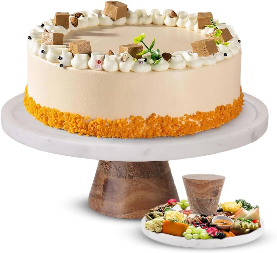 Marble & Acacia Wood Cake Stand - 11 Inch Round Cake Display for Weddings, Birthdays & Parties - Dessert Stand for Cakes, Muffins, Pastries, Bread - Kitchen Dcor - White Marble Top