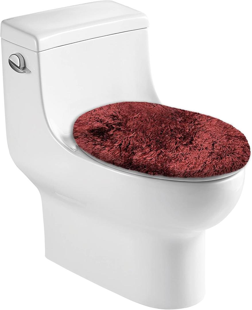 Popular Bath ST. Lucia Single Toilet Seat Lid Cover Size 18" x 18", Soft Long Toilet Seat Lid Plush Microfiber Water Absorbent Carpet Thick Luxury Floor Burgundy