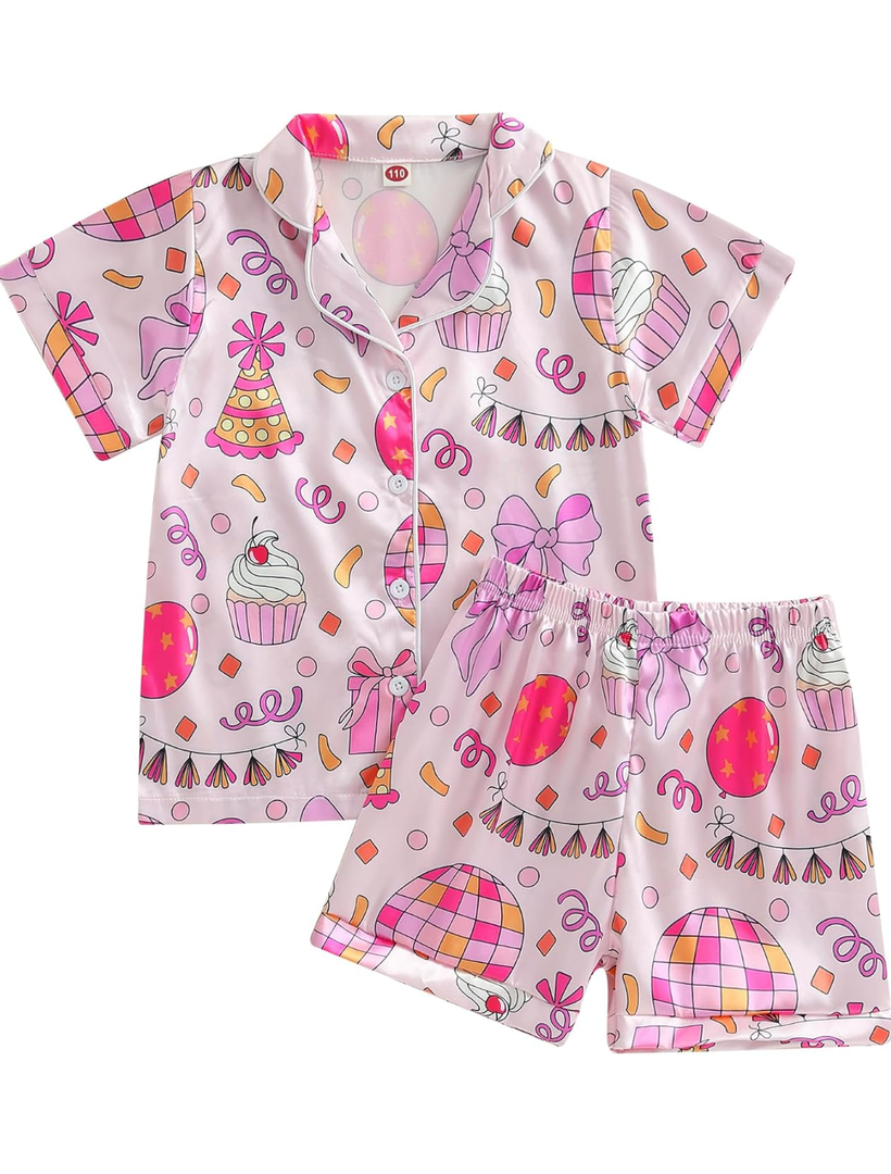 Kuriozud Birthday Girl Pajamas Silk Stain Pjs Shirt Tops+Shorts 2Piece Set Birthday Toddler Kids Little Girl Nightgown Gift, Size 1-2 Years Old