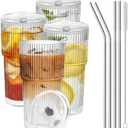 RLWY Iced Coffee Cups with Lids and Straws, 20 OZ Glass Tumbler with Straw and Lid, Clear Ribbed Glass Cups Reusable to Go Coffee Tumbler for Matcha, Smoothie, Cocktail,Latte, 4 Pcs