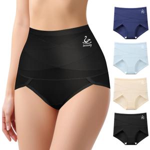 Women's High Waisted Underwear, Tummy Control high cut Panties Full Coverage Postpartum Briefs underwear 4 pack (Large, Multicolor-deep Blue&light Blue& Skin Tone& Black)