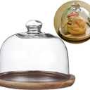 Glass Dessert Dome with Wood Base,Mini Cake Stand,Cake Plate Wooden Plates with Dome,Fruit Display Server Tray for Kitchen, Birthday, Wedding,Appetizer Dessert and Cheese Serving Stand (Round-5inch)