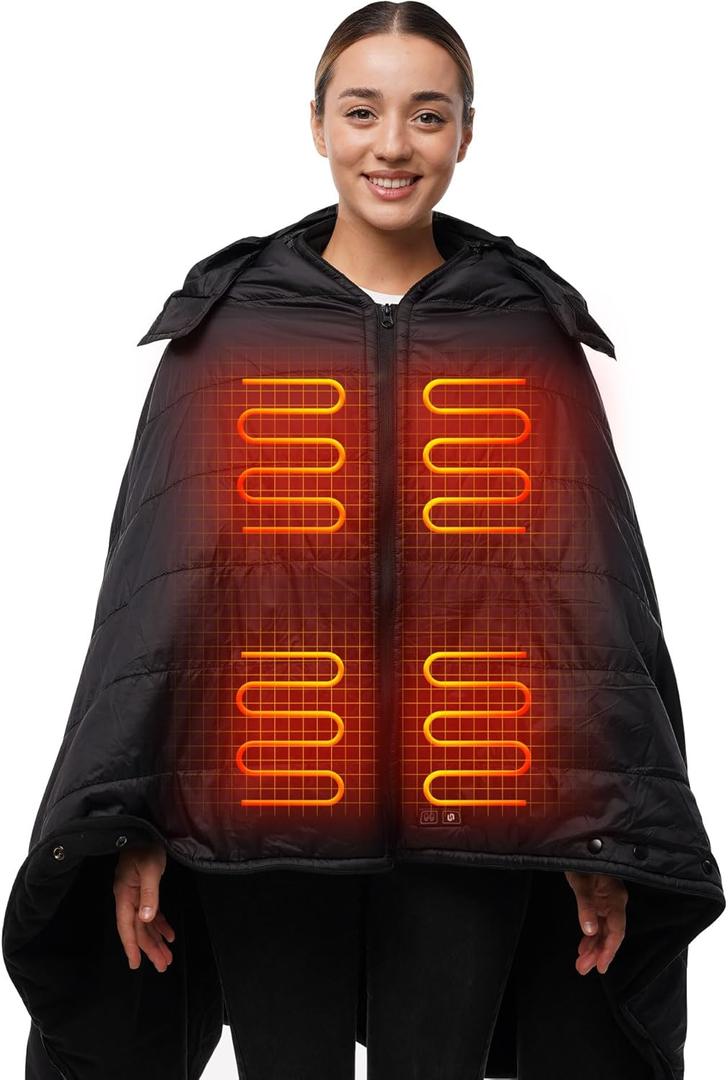 HENNCHEE Heated Blanket Battery Operated with Removable Hooded 70" x 42" Portable Heated Blanket with 16000mAh Battery Pack 5 Heating Zones Waterproof Heated Poncho for Home, Outdoors, Camping, Black