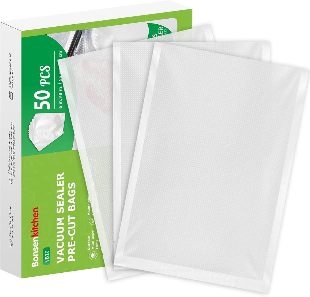 Bonsenkitchen Precut Vacuum Sealer Bags, 50 Pint 6" x 9" Food Sealer Bags, Food Grade, BPA Free, Heavy Duty, Customized Size Vacuum Bags for Vac Storage, Meal Prep or Sous Vide Cooking, VB10