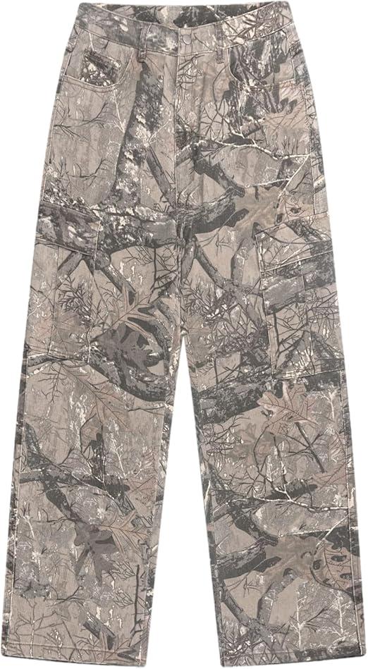 LaurelTree Camo Cargo Pants Straight Wide Leg Trousers Jeans Joggers Sweatpants with Pockets Stretch Fabric Woman Man L