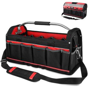 HAUTMEC 20" Heavy-Duty Tool Tote with Waterproof Clear Cover, Large Open Top Tool Bag with Rotating Handle, Rigid Frame, EVA Hard Base & Padded Shoulder Strap for Jobsite HT0296