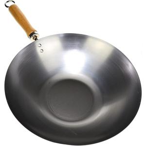 NEW WOK PROFESSIONAL CARBON STEEL 30cm Chinese Wood Handle Asian Flat Base Stir