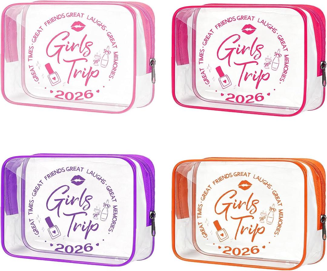 4 Pcs Trip Gifts Favors Clear Makeup Bag for Women, Girls Trip Essentials Toiletry Bags, Bestie Gifts Cosmetic Bag Friendship Gift, Zipper Pouch for Women Bestie Bachelorette Bridesmaid